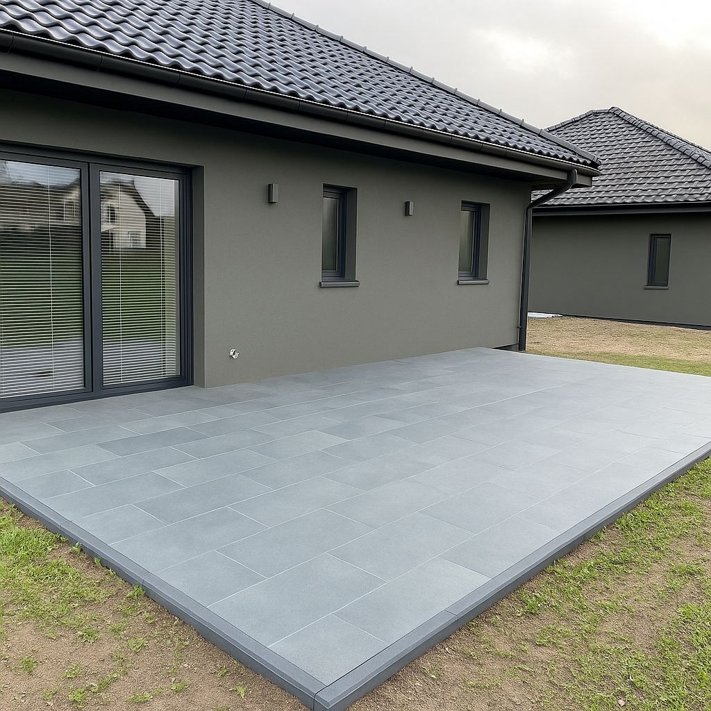 Nowoczesny taras z szarych płyt, obrzeża w kolorze antracytu, budynek w tle w tej samej tonacji kolorystycznej. Minimalistyczny design z dbałością o detale.