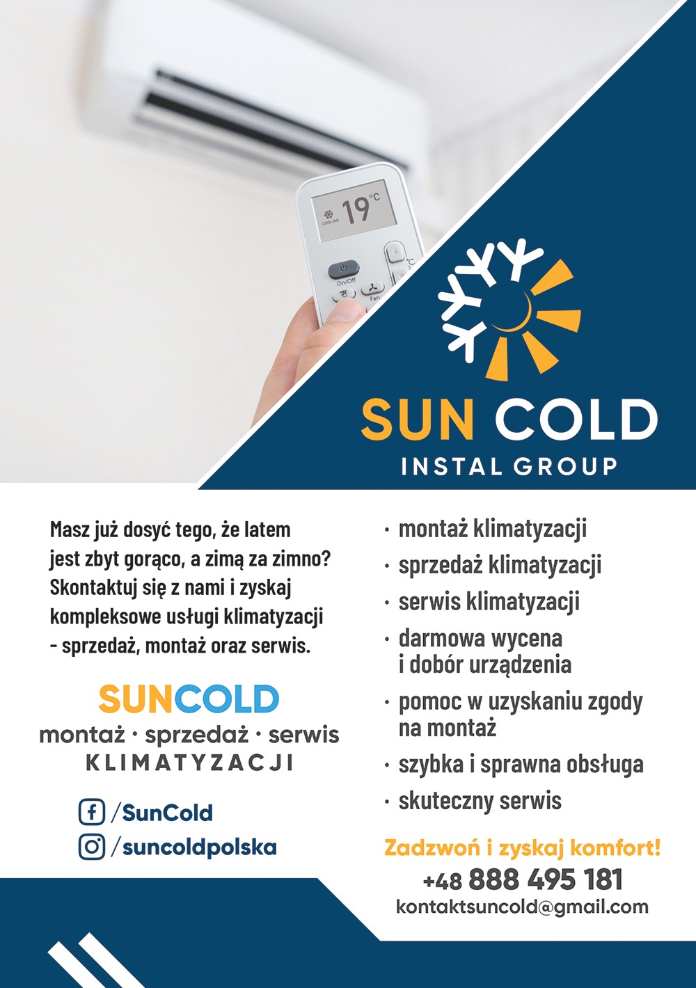 Reklama firmy Sun Cold Instal Group: ręka trzyma pilot do klimatyzacji ustawiony na 19 stopni Celsjusza, widoczny klimatyzator na ścianie, oferta montażu, sprzedaży i serwisu.
