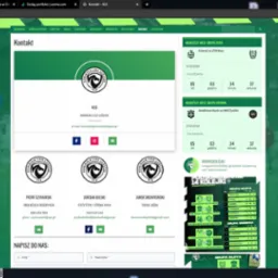 Strona internetowa z danymi kontaktowymi Konińskiej Ligi Szóstek, prezentująca logo, dane kontaktowe, linki do mediów społecznościowych oraz nadchodzące mecze.