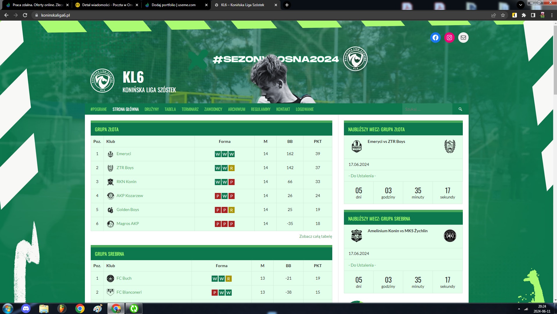 Zrzut ekranu strony internetowej Konińskiej Ligi Szóstek z tabelami ligowymi i informacjami o nadchodzących meczach.
