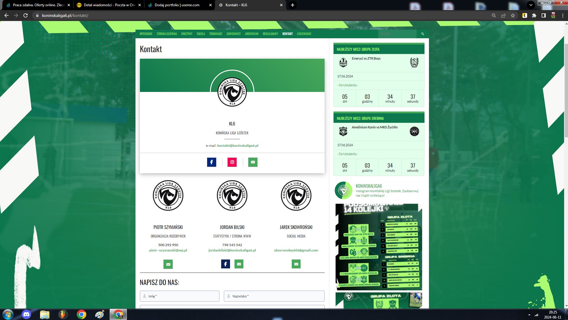 Strona internetowa z danymi kontaktowymi Konińskiej Ligi Szóstek, prezentująca logo, dane kontaktowe, linki do mediów społecznościowych oraz nadchodzące mecze.