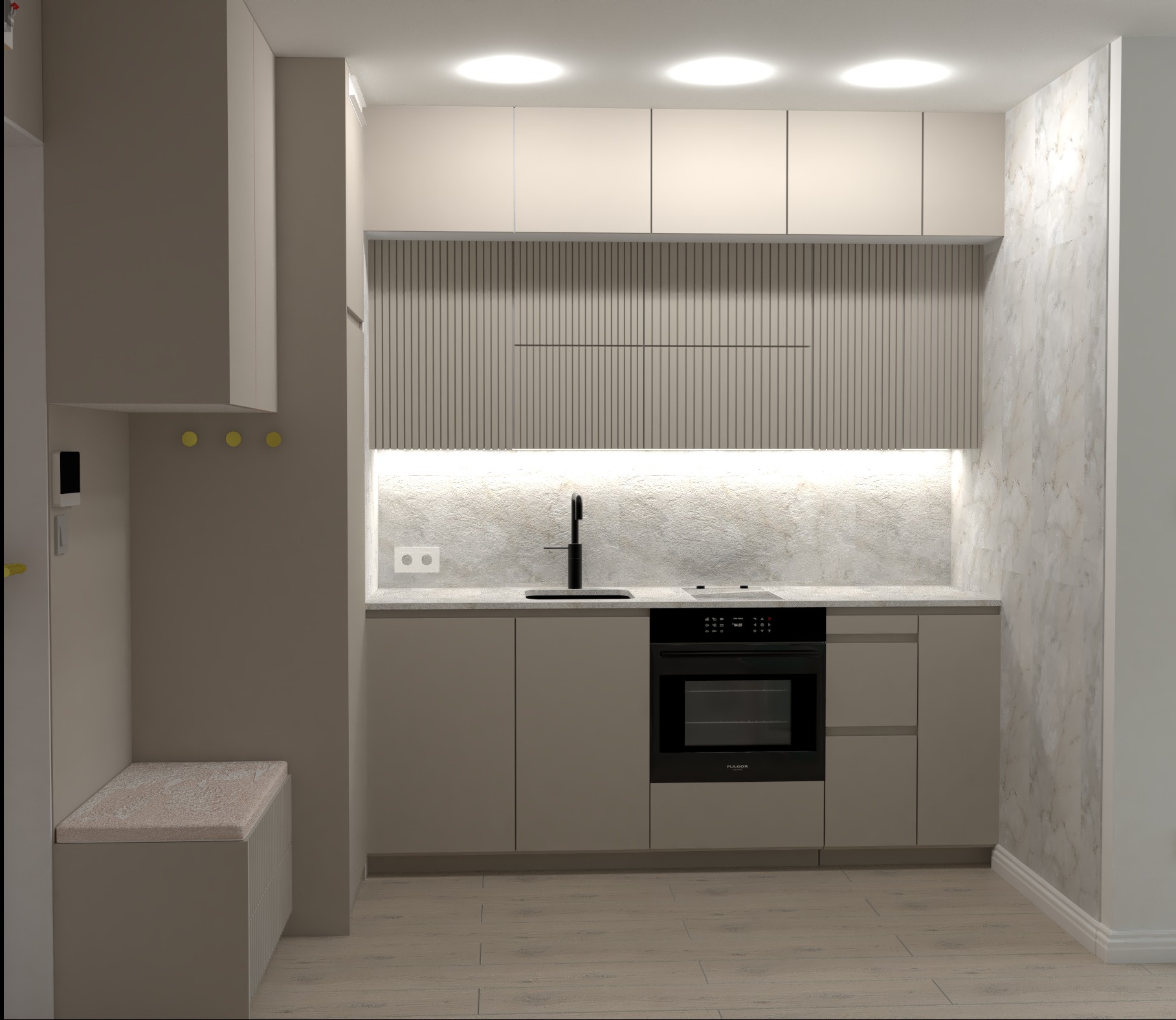 Wizualizacja małej kuchni w odcieniach beżu z marmurową ścianą, oświetleniem LED pod szafkami i zabudową połączoną z siedziskiem w przedpokoju.