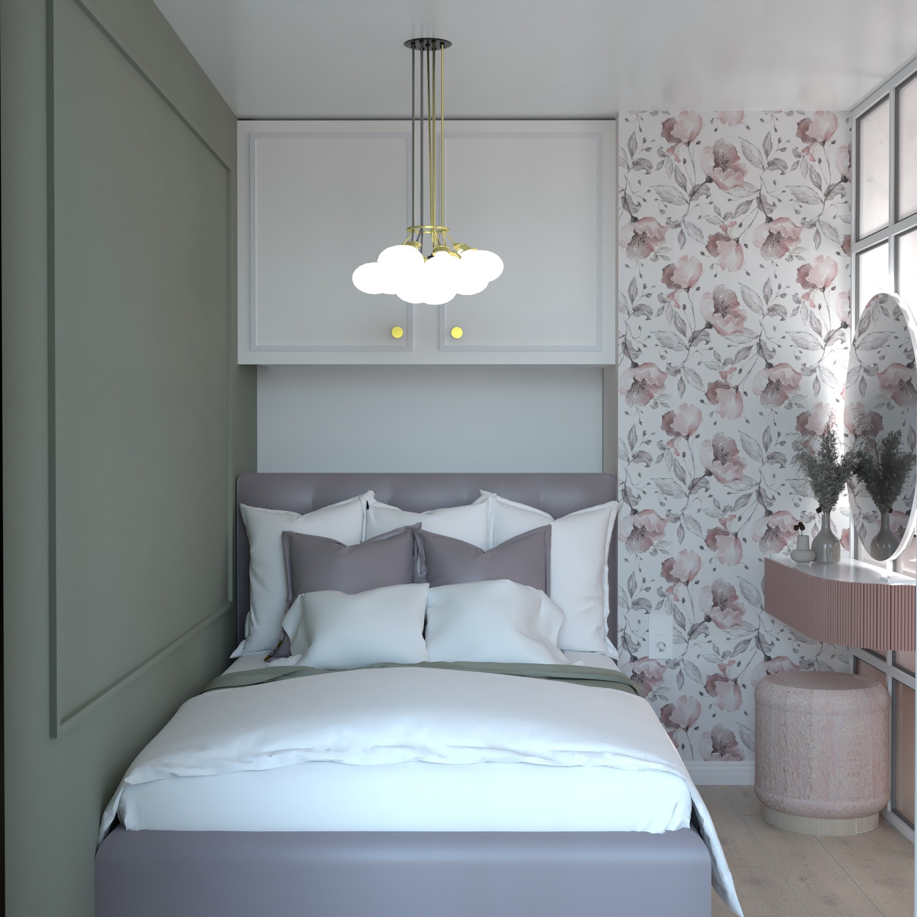 Nowoczesna sypialnia w Rybniku z łóżkiem w odcieniach szarości, szafkami nad łóżkiem i toaletką z owalnym lustrem na tle ściany w kwiatowe wzory.
