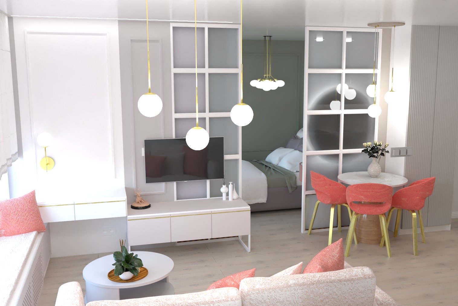 Nowoczesne, jasne wnętrze apartamentu z otwartym planem, obejmujące salon z telewizorem i sypialnię widoczną w tle, oddzielone ażurową ścianką działową. Elementy dekoracyjne w odcieniach bieli...