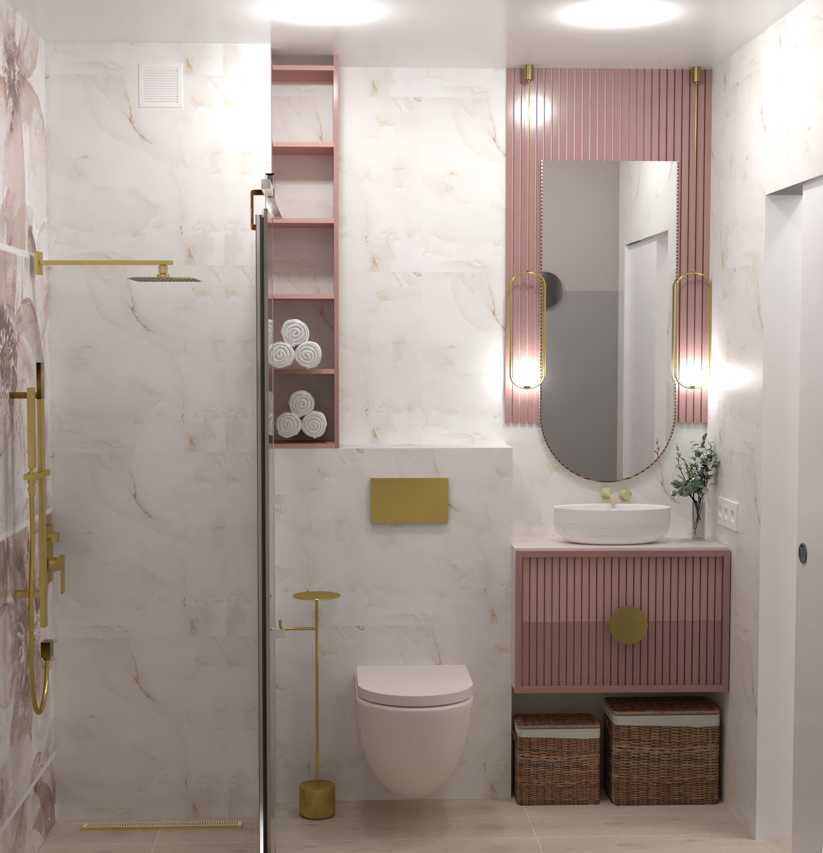 Wizualizacja łazienki z kabiną prysznicową typu walk-in, umywalką nablatową na szafce z lamelami w odcieniach różu, toaletą w kolorze pudrowego różu i złotymi akcentami w postaci armatury...