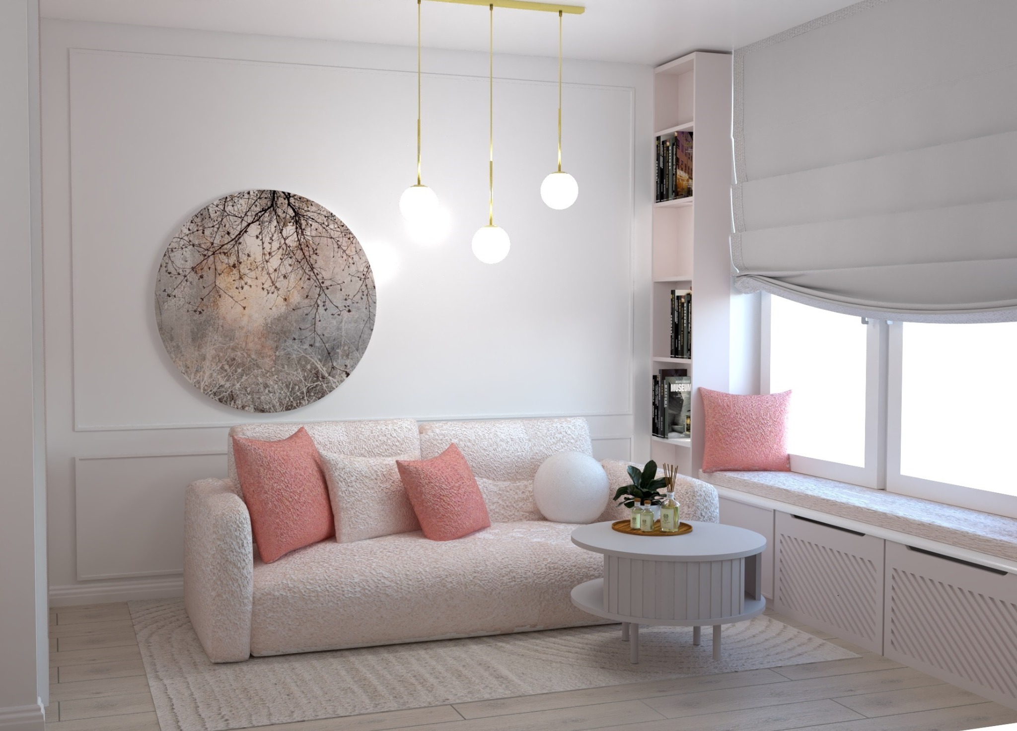 Jasny salon z teksturowaną sofą, okrągłą grafiką drzewa na ścianie, minimalistycznym stolikiem kawowym i oświetleniem wiszącym z trzema kulistymi lampami.