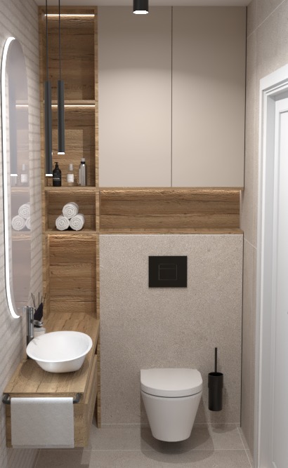 Nowoczesna łazienka z wiszącą miską WC, umywalką nablatową na drewnianym blacie, podświetlanym lustrem owalnym, drewnianymi półkami z ręcznikami i beżowymi szafkami wiszącymi.