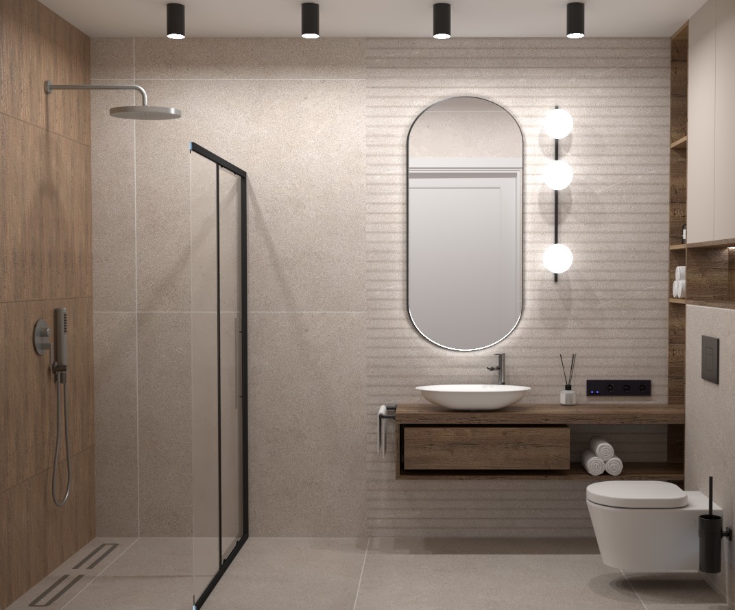 Nowoczesna łazienka z kabiną prysznicową typu walk-in, owalnym lustrem podświetlanym kulistymi lampami, drewnianą szafką pod umywalką i wiszącą toaletą.
