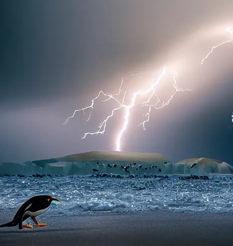 Pingwin na plaży podczas burzy z piorunami uderzającymi w oddali.