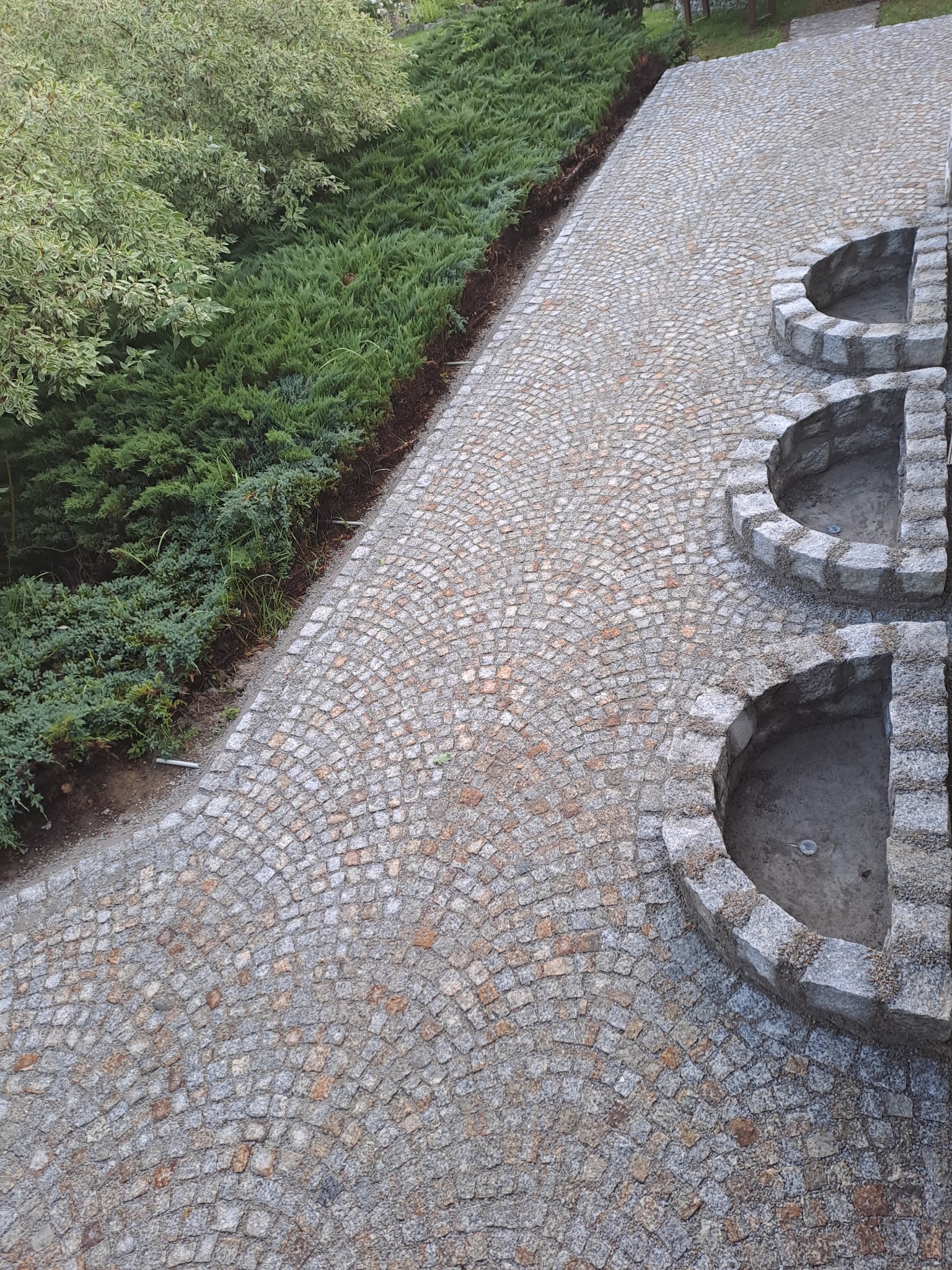 Granitowa kostka ułożona w wachlarzowy wzór, tworząca ścieżkę z trzema okrągłymi zagłębieniami obok zieleni. Widok z góry.