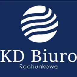 Logo firmy KD Biuro Rachunkowe na granatowym tle, z abstrakcyjnym symbolem kuli przeciętej falami w górnej części.