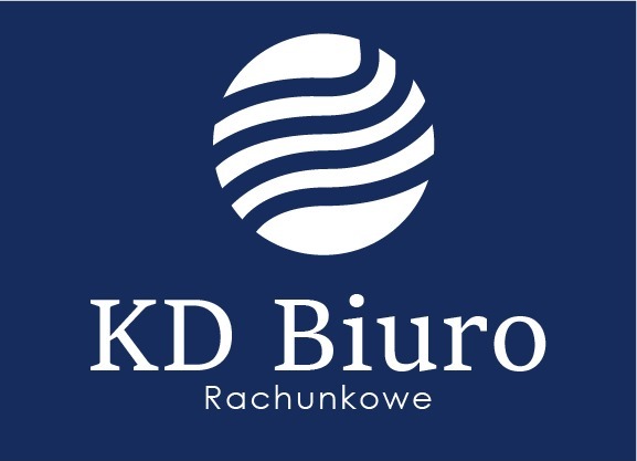 Logo firmy KD Biuro Rachunkowe na granatowym tle, z abstrakcyjnym symbolem kuli przeciętej falami w górnej części.