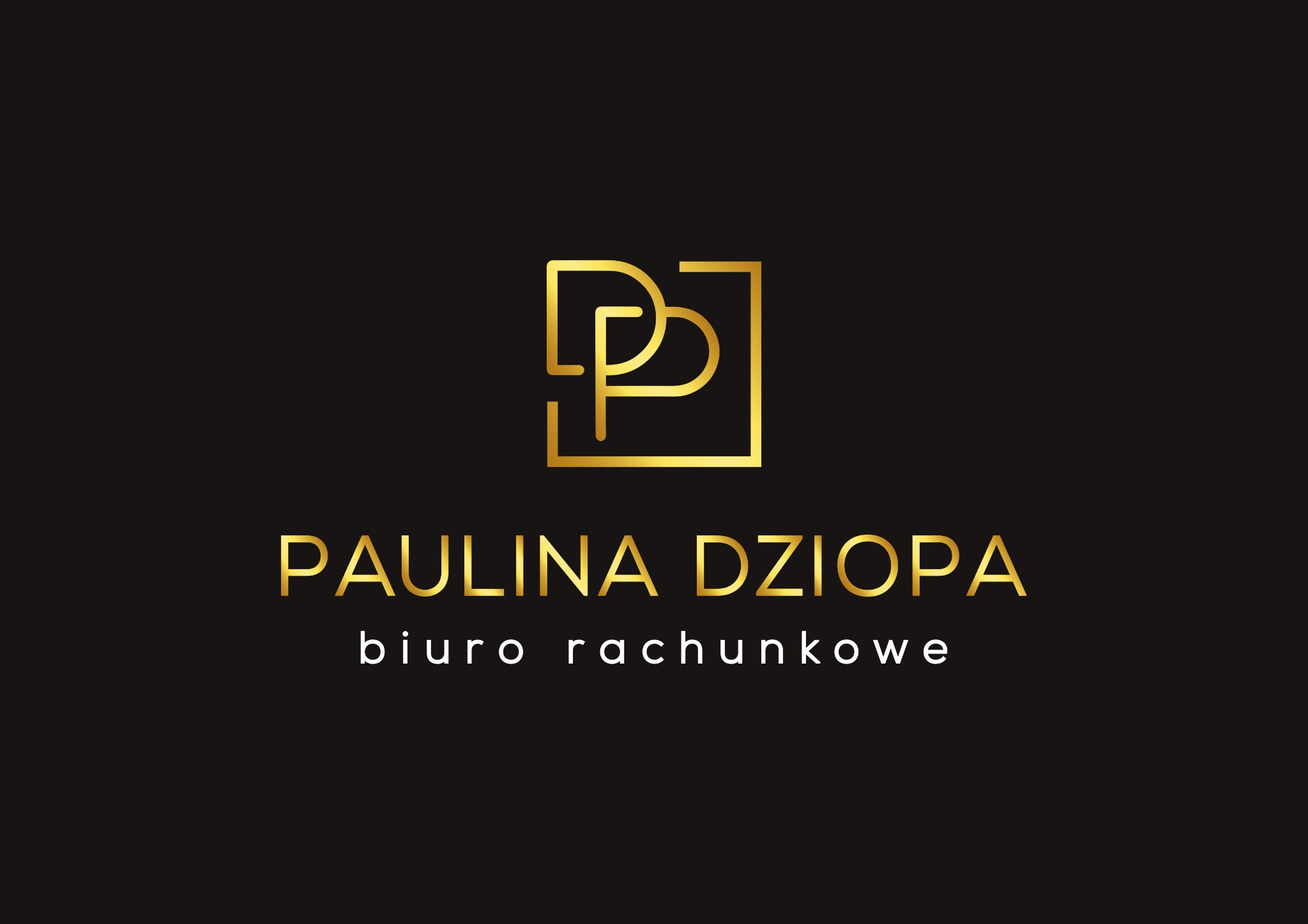 Złote logo firmy Paulina Dziopa Biuro Rachunkowe na czarnym tle, z geometrycznym symbolem złożonym z liter P i D.