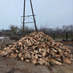 Furious-Bud - Stos pociętego drewna opałowego na placu składowym, w tle ogrodzenie z siatki i słup energetyczny z metalową konstrukcją. Część drewna spakowana w przezroczystą folię.