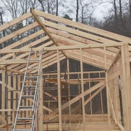 Furious-Bud - Surowa konstrukcja szkieletowa budynku z drewna, widoczna drabina oparta o ścianę, tło stanowią drzewa bez liści.