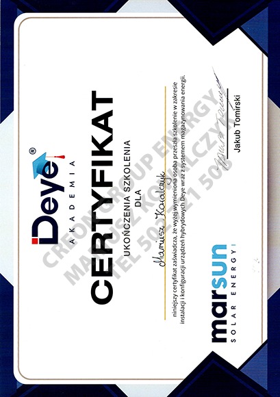 Certyfikat ukończenia szkolenia z zakresu instalacji i konfiguracji urządzeń hybrydowych Deye wraz z systemem magazynowania energii, wystawiony dla Mariusza Karalczuka.