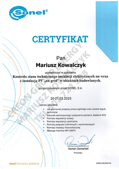 Certyfikat ukończenia szkolenia z kontroli stanu technicznego instalacji elektrycznych nn wraz z instalacją PV 'on grid', organizowanego przez SONEL S.A.