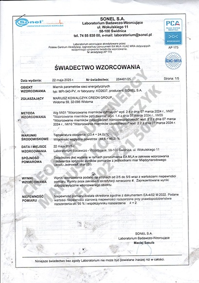 Świadectwo wzorcowania miernika parametrów sieci energetycznych SONEL S.A. z datą wydania 22 maja 2025 r. Dokument zawiera dane obiektu, metody i warunki wzorcowania.
