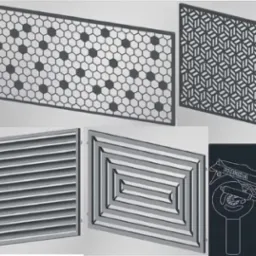 Zestaw wizualizacji 3D przedstawiających różne wzory ażurowe, w tym panele z motywem plastra miodu, geometrycznym, żaluzjowym, a także rysunki techniczne globusa i motocykla.