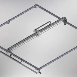 Radan Metal Products - Model 3D ramy konstrukcyjnej z prowadnicami, widok z góry, szare tło.