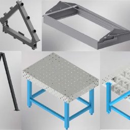 Radan Metal Products - Zestaw wizualizacji 3D przedstawiających różnorodne konstrukcje stalowe: wózek transportowy na kółkach, stół warsztatowy z perforowanym blatem, rama z profili zamkniętych oraz inne elementy...