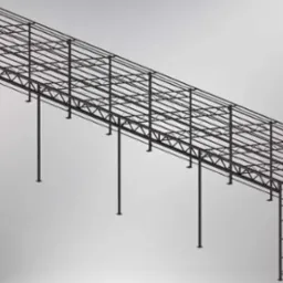 Wizualizacja 3D stalowej konstrukcji hali magazynowej z widocznymi słupami, kratownicami i elementami mocującymi, prezentowana na jednolitym szarym tle.