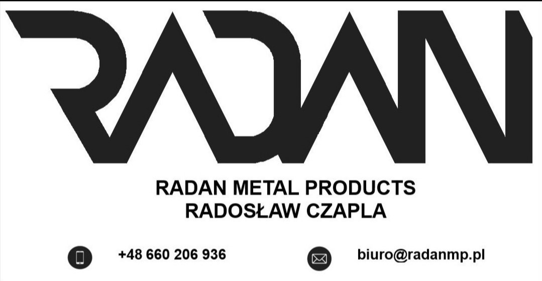 Logo firmy RADAN METAL PRODUCTS Radosław Czapla z numerem telefonu i adresem e-mail