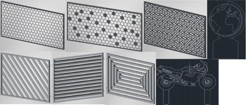 Zestaw wizualizacji 3D przedstawiających różne wzory ażurowe, w tym panele z motywem plastra miodu, geometrycznym, żaluzjowym, a także rysunki techniczne globusa i motocykla.