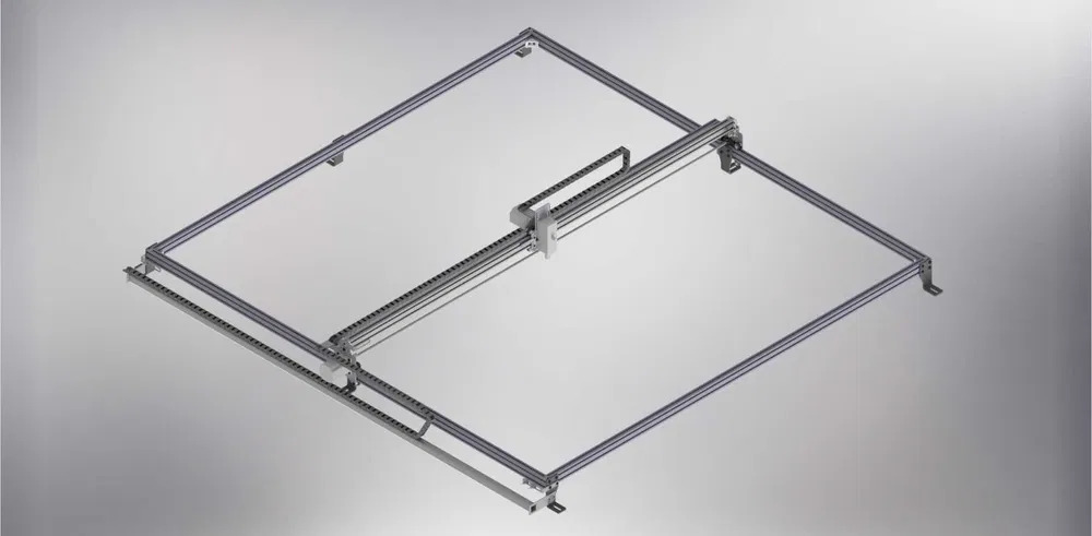 Model 3D ramy konstrukcyjnej z prowadnicami, widok z góry, szare tło.