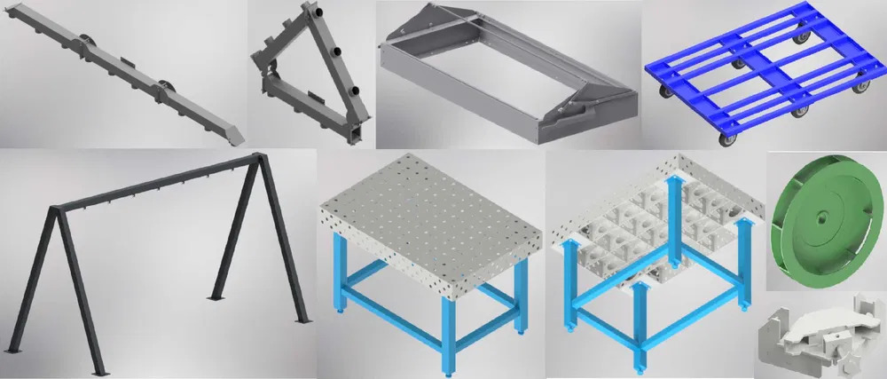 Zestaw wizualizacji 3D przedstawiających różnorodne konstrukcje stalowe: wózek transportowy na kółkach, stół warsztatowy z perforowanym blatem, rama z profili zamkniętych oraz inne elementy...