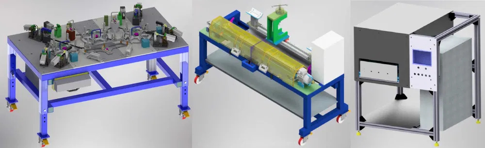 Wizualizacja 3D stanowisk roboczych z oprzyrządowaniem i urządzeń na mobilnych platformach, widok izometryczny.