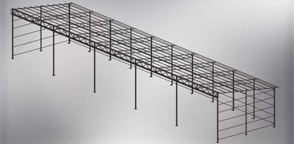 Wizualizacja 3D stalowej konstrukcji hali magazynowej z widocznymi słupami, kratownicami i elementami mocującymi, prezentowana na jednolitym szarym tle.