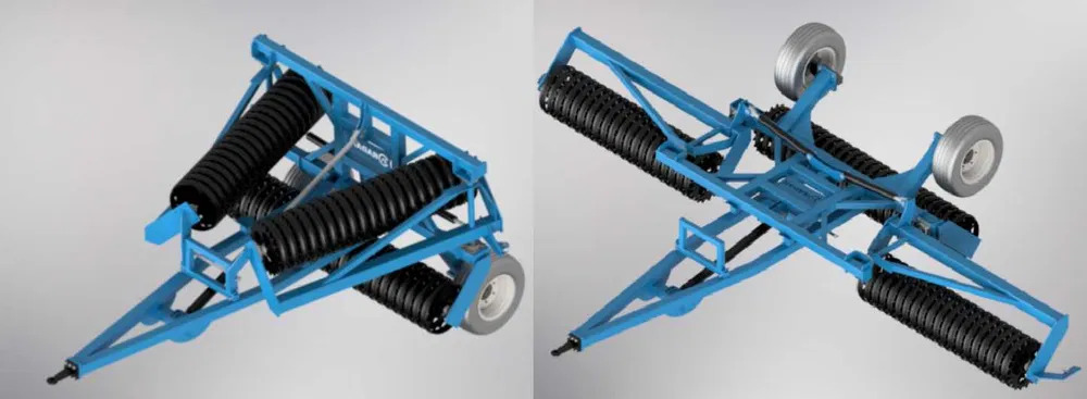 Dwuwymiarowa wizualizacja 3D walca rolniczego w kolorze niebieskim z czarnymi wałkami, prezentowana z dwóch różnych perspektyw na jednolitym szarym tle.