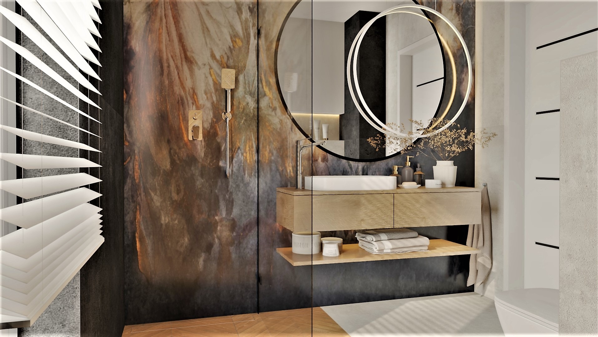 Nowoczesna łazienka z umywalką nablatową, okrągłym lustrem z podświetleniem LED, drewnianą szafką i ścianą z efektem marmuru, uzupełniona o drewniane żaluzje i akcesoria.