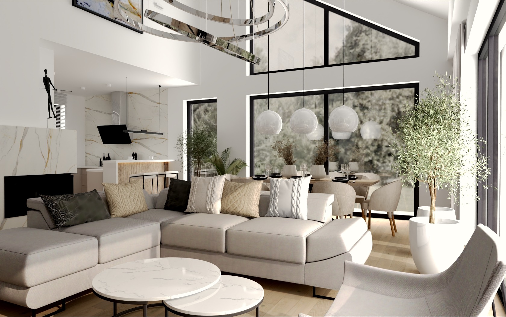 Jasne, przestronne wnętrze domu z otwartą kuchnią, salonem i jadalnią, z dużymi oknami, nowoczesnym oświetleniem i minimalistycznym wystrojem w odcieniach bieli i szarości.