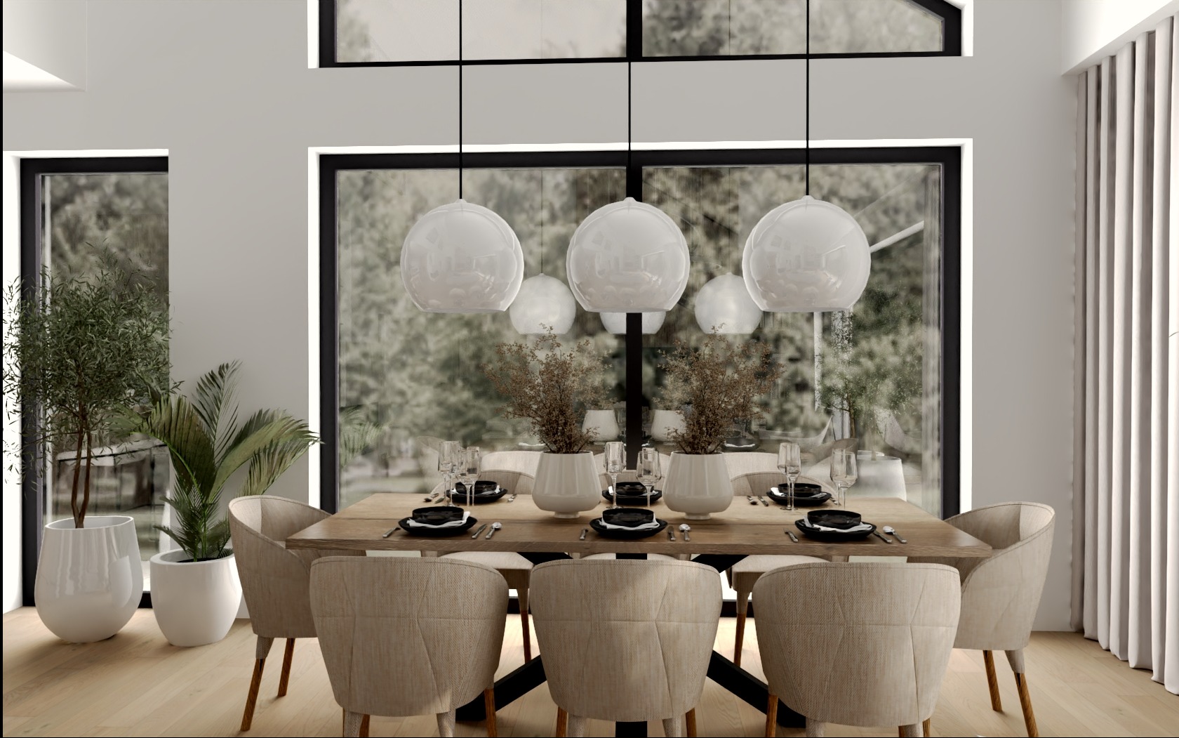 Wizualizacja jadalni z dużym oknem, drewnianym stołem nakrytym czarną zastawą, beżowymi krzesłami, białymi lampami kulami i roślinami w białych donicach.