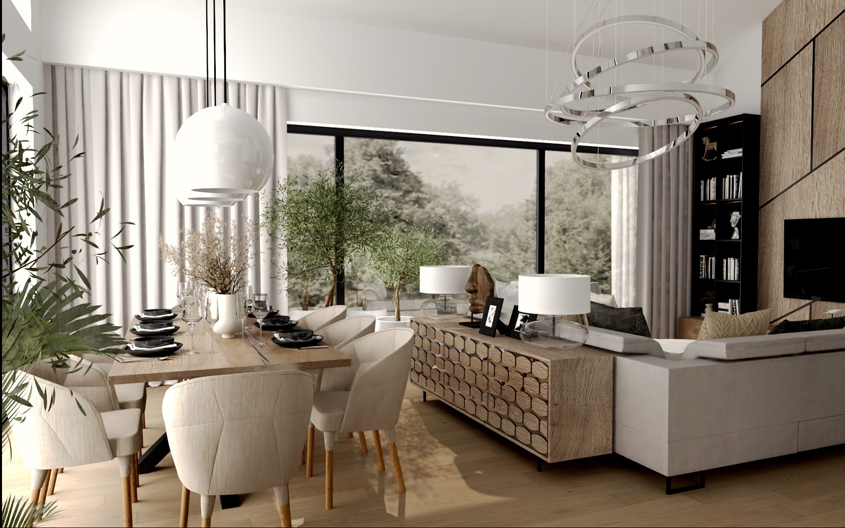 Nowoczesne wnętrze: jadalnia z drewnianym stołem i beżowymi krzesłami, salon z szarą sofą i komodą z dekoracyjnym wzorem, duże okno z widokiem na zieleń, designerskie lampy wiszące i sufitowe.