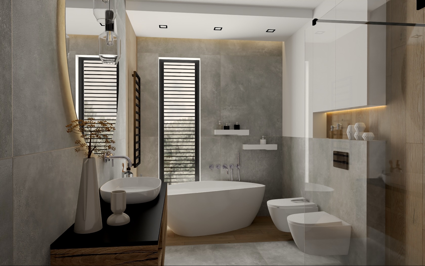 Nowoczesna łazienka z wolnostojącą wanną, umywalką nablatową, wiszącą toaletą i bidetem, szare płytki imitujące beton, drewniane akcenty, czarne grzejniki drabinkowe, oświetlenie punktowe...