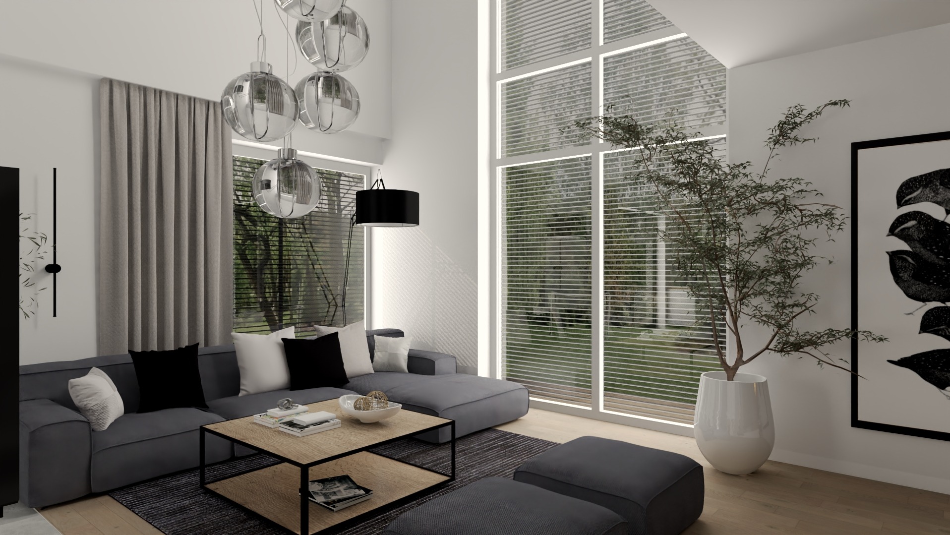 Wizualizacja salonu z szarą sofą narożną, stolikiem kawowym z drewnianym blatem i metalową podstawą, szklanymi lampami wiszącymi, dużym oknem z żaluzjami pionowymi i rośliną w białej donicy.