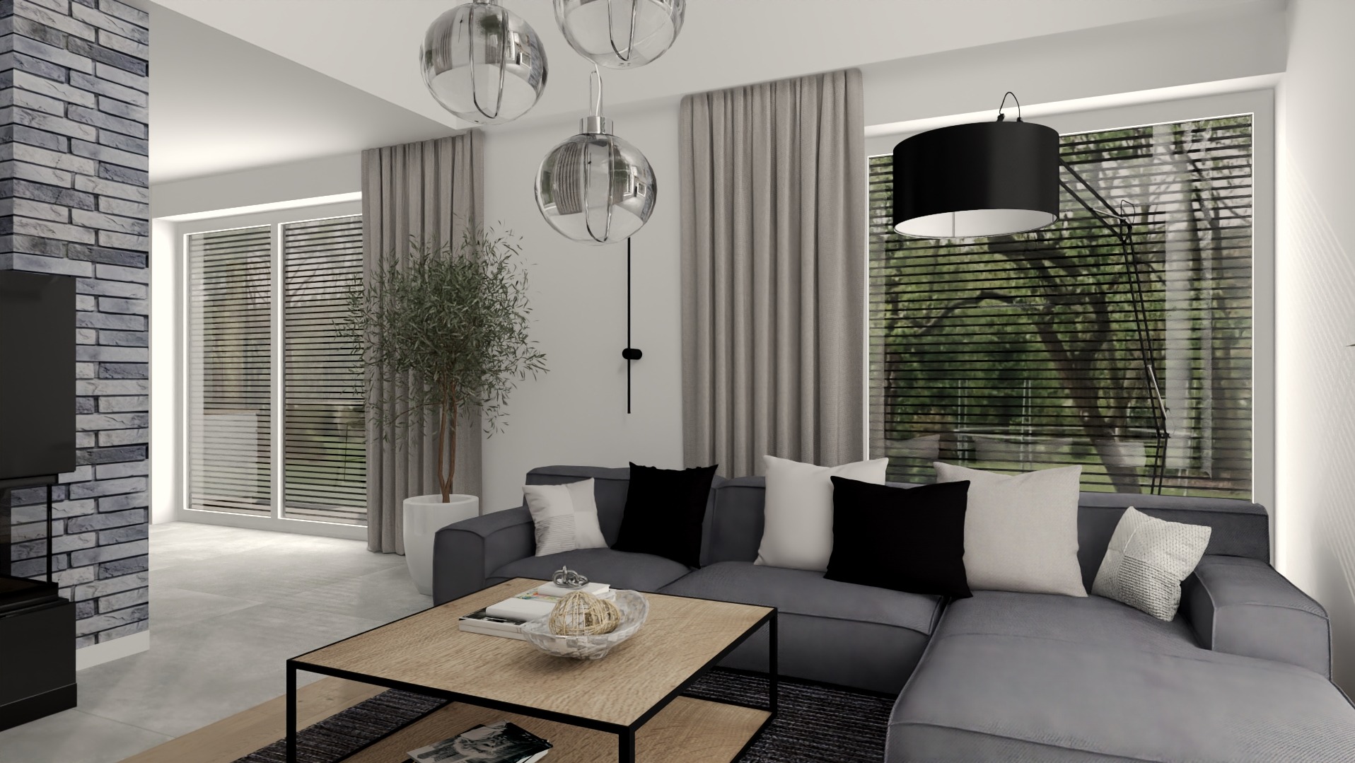 Wizualizacja salonu z szarą narożną sofą, drewnianym stolikiem kawowym, ceglaną ścianą z telewizorem i dużym oknem z widokiem na zieleń, oświetlonym trzema wiszącymi lampami i lampą podłogową.