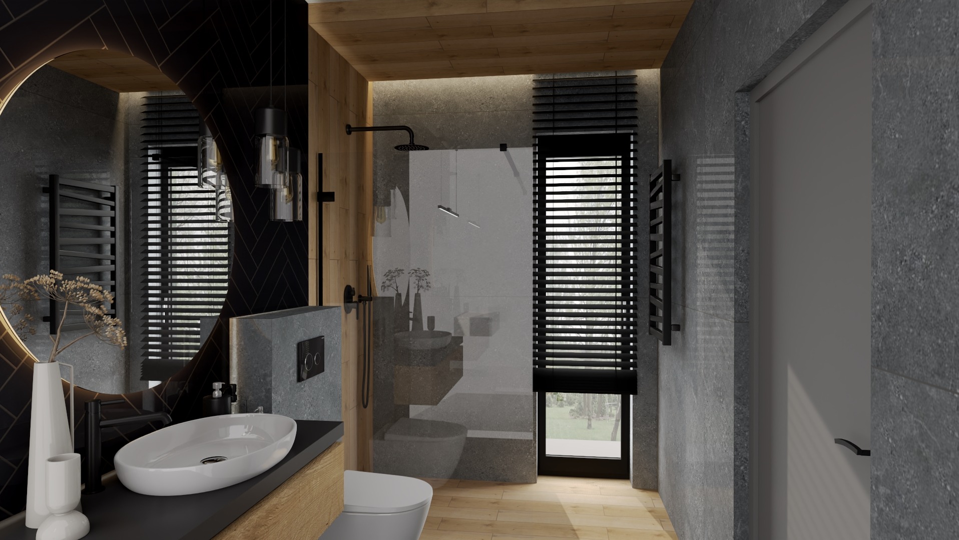 Nowoczesna łazienka w Łodzi z akcentami drewna i czerni, owalna umywalka na blacie, okrągłe lustro z podświetleniem i grzejnik drabinkowy.