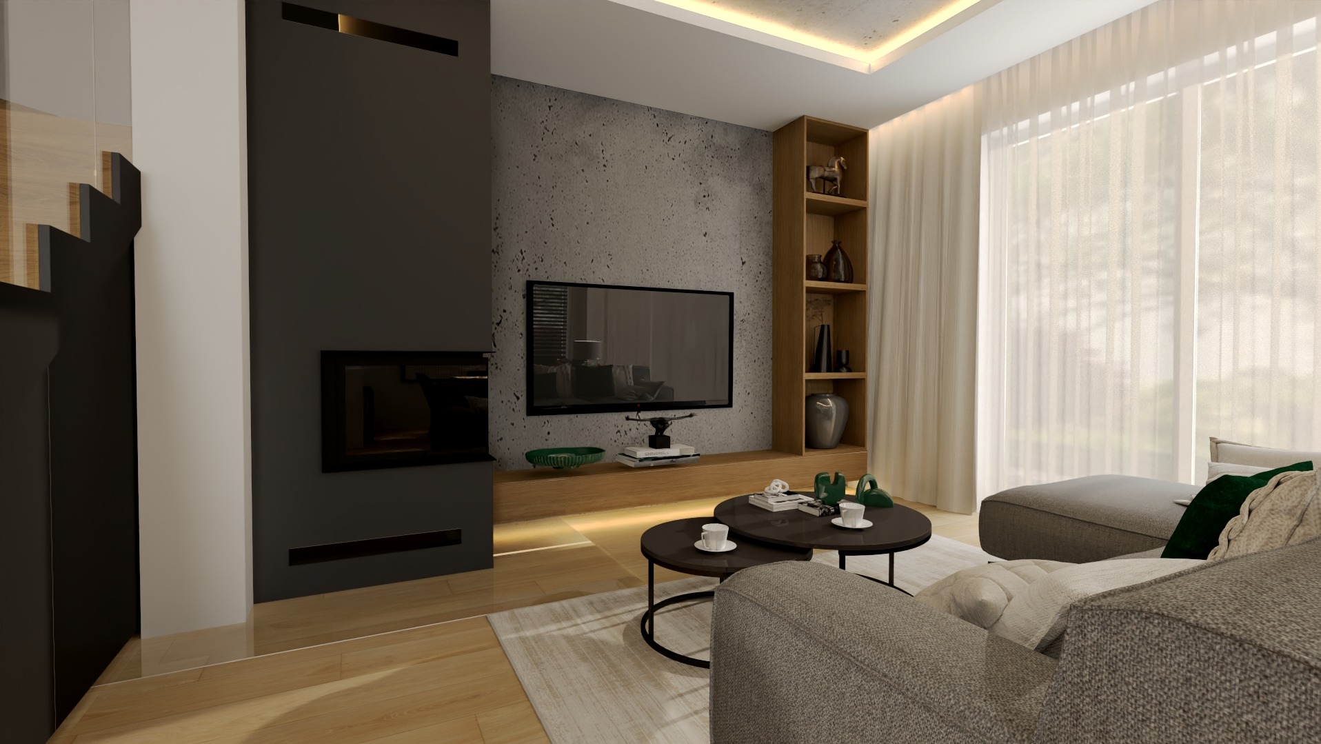 Nowoczesny salon z szarą ścianą betonową, telewizorem, kominkiem, drewnianą półką z dekoracjami, okrągłymi stolikami kawowymi i szarym narożnikiem z zielonymi poduszkami, oświetlony listwą LED...