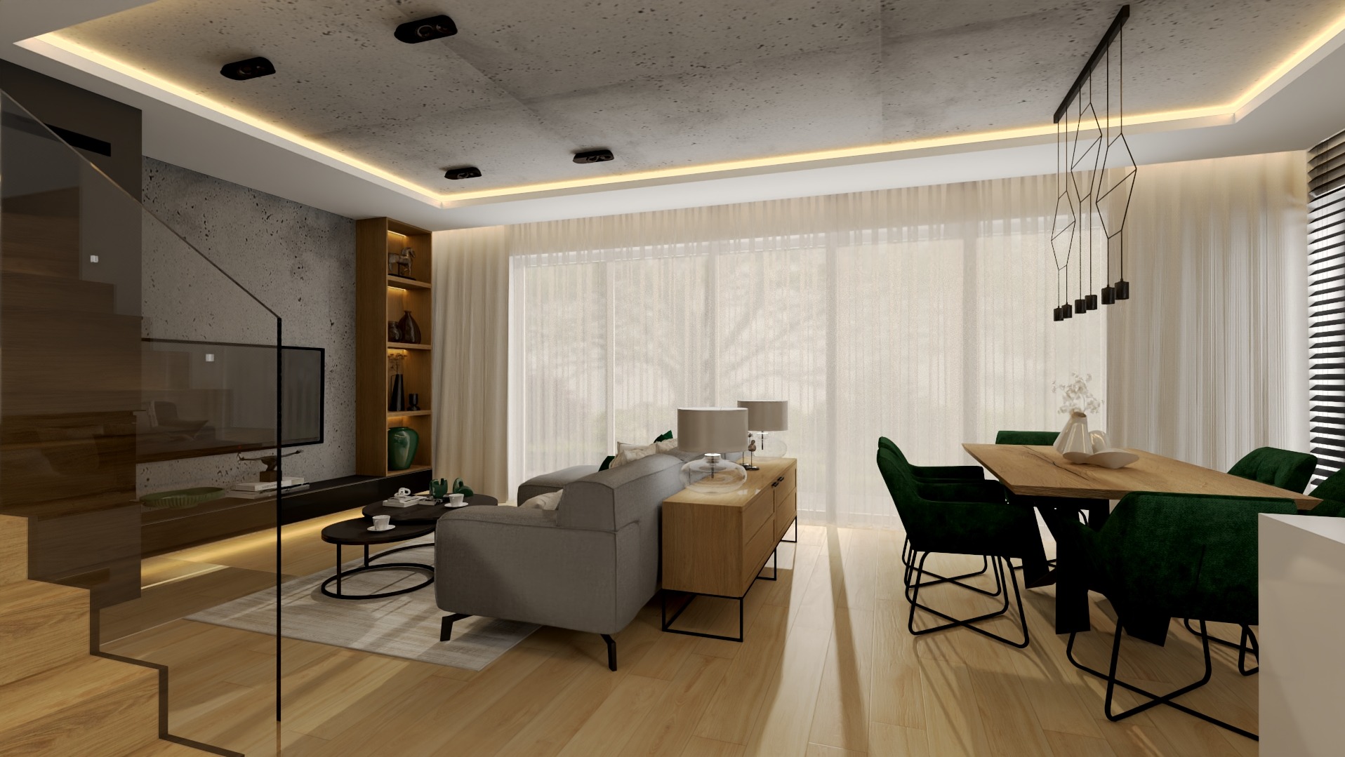Wizualizacja salonu z jadalnią w stylu nowoczesnym: szara sofa, drewniany stół z zielonymi krzesłami, betonowa ściana i podłoga z jasnego drewna, minimalistyczne oświetlenie.