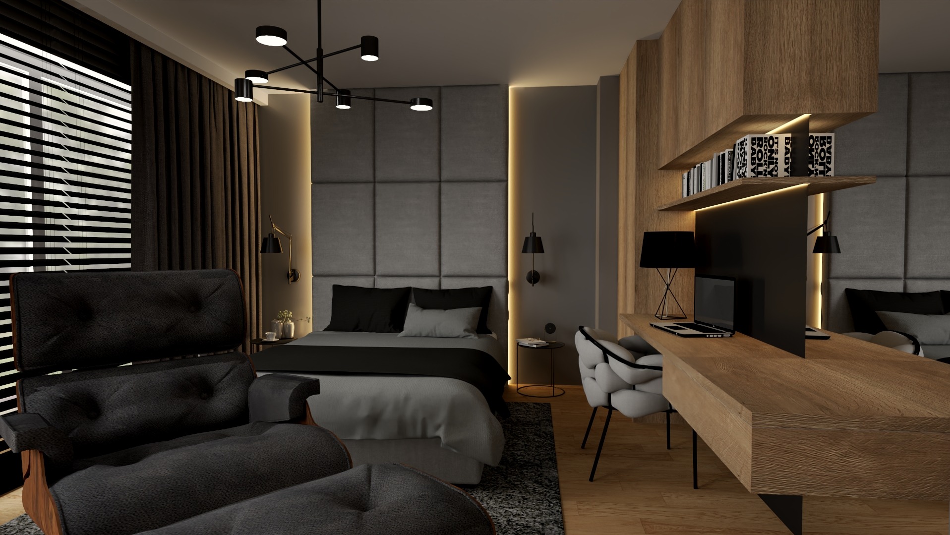 Wizualizacja sypialni z miejscem do pracy: szare panele tapicerowane za łóżkiem, biurko z drewnianym blatem, designerski fotel i lampa sufitowa.