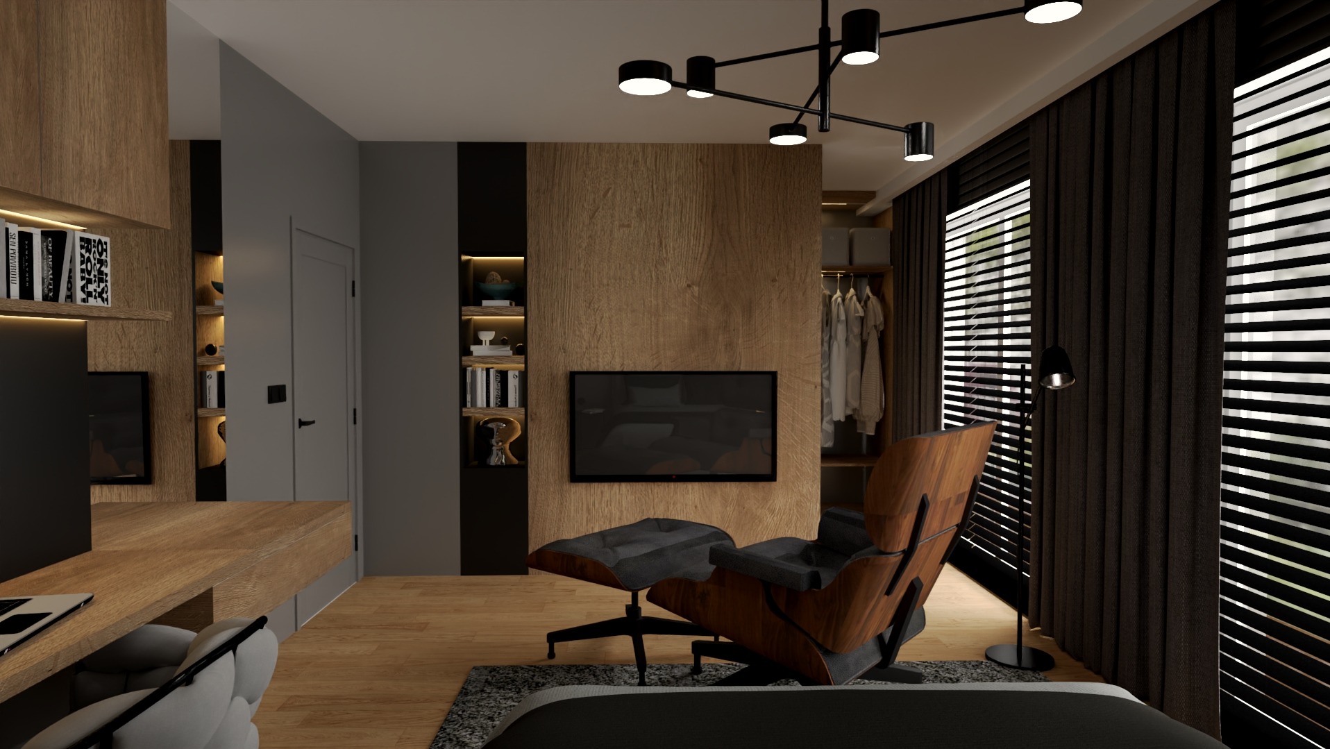 Wnętrze sypialni z drewnianą ścianą, telewizorem, fotelem Eames z podnóżkiem, garderobą i nowoczesną lampą sufitową.