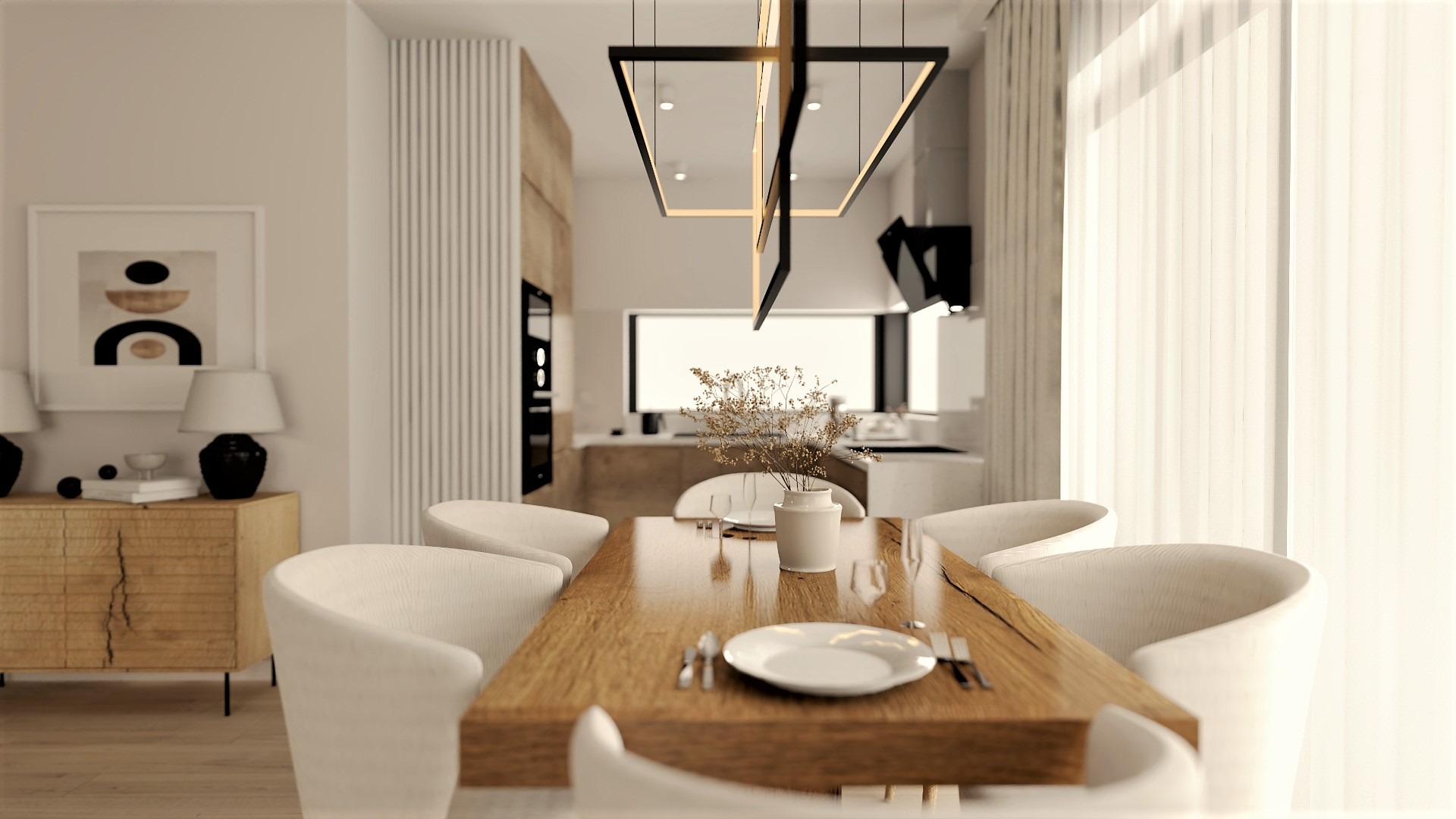 Jadalnia w neutralnej kolorystyce: drewniany stół z białymi krzesłami, minimalistyczna lampa wisząca, widok na kuchnię w tle.