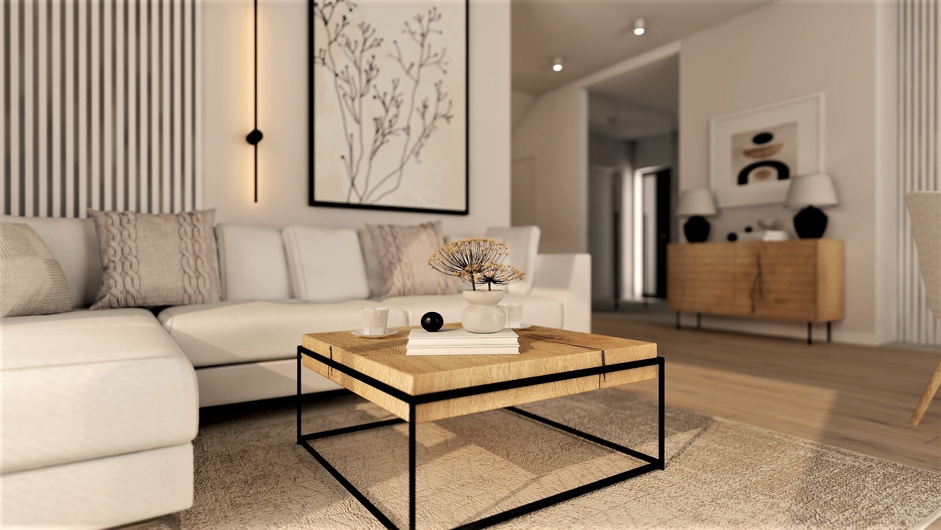 Jasny salon z białym narożnikiem, drewnianym stolikiem kawowym z czarnymi nogami, dekoracjami i sztuką na ścianach.