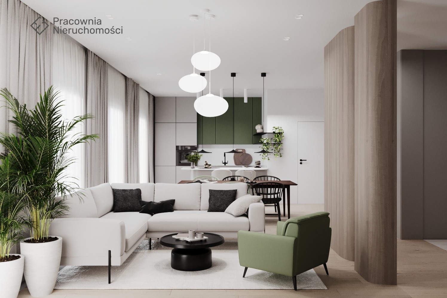 Wnętrze mieszkania z narożną sofą, okrągłym stolikiem kawowym, zielonym fotelem i otwartą kuchnią z zielonymi akcentami, oświetlone trzema kulistymi lampami wiszącymi.