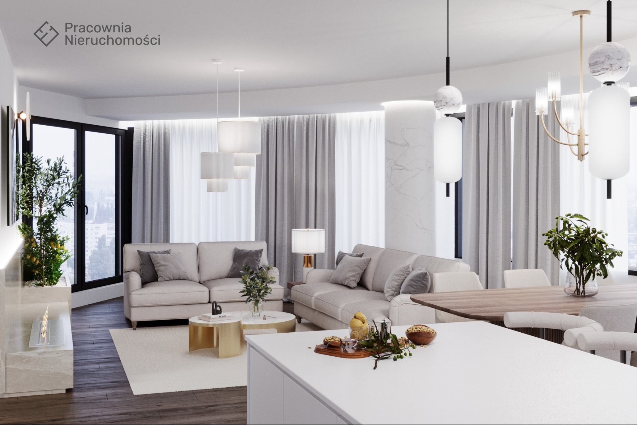 Jasne, przestronne wnętrze salonu z aneksem kuchennym w minimalistycznym stylu. Dwie sofy w odcieniach beżu, stolik kawowy z elementami złota, biała wyspa kuchenna z drewnianym blatem stołu...