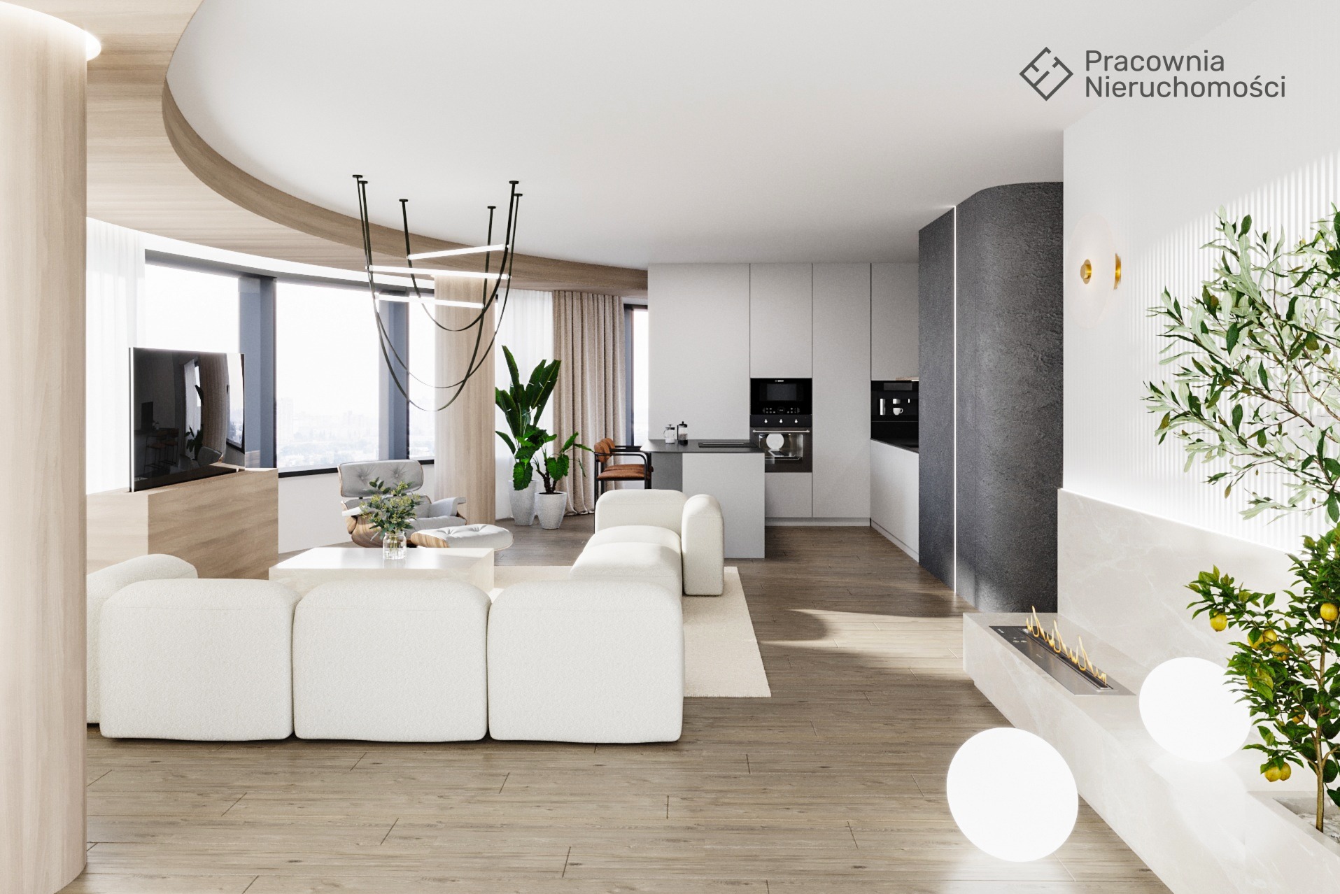 Jasne, przestronne wnętrze z białym modułowym narożnikiem, drewnianą podłogą i minimalistyczną kuchnią w tle, oświetlone nowoczesną lampą wiszącą i naturalnym światłem z dużych okien.